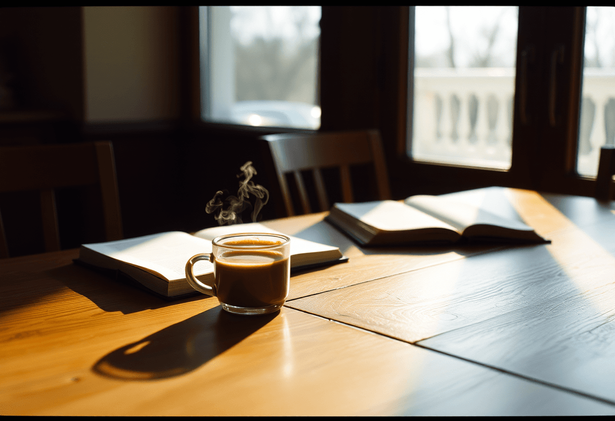 Taza de café a medias y libro abierto sobre una mesa de madera con luz de ventana.