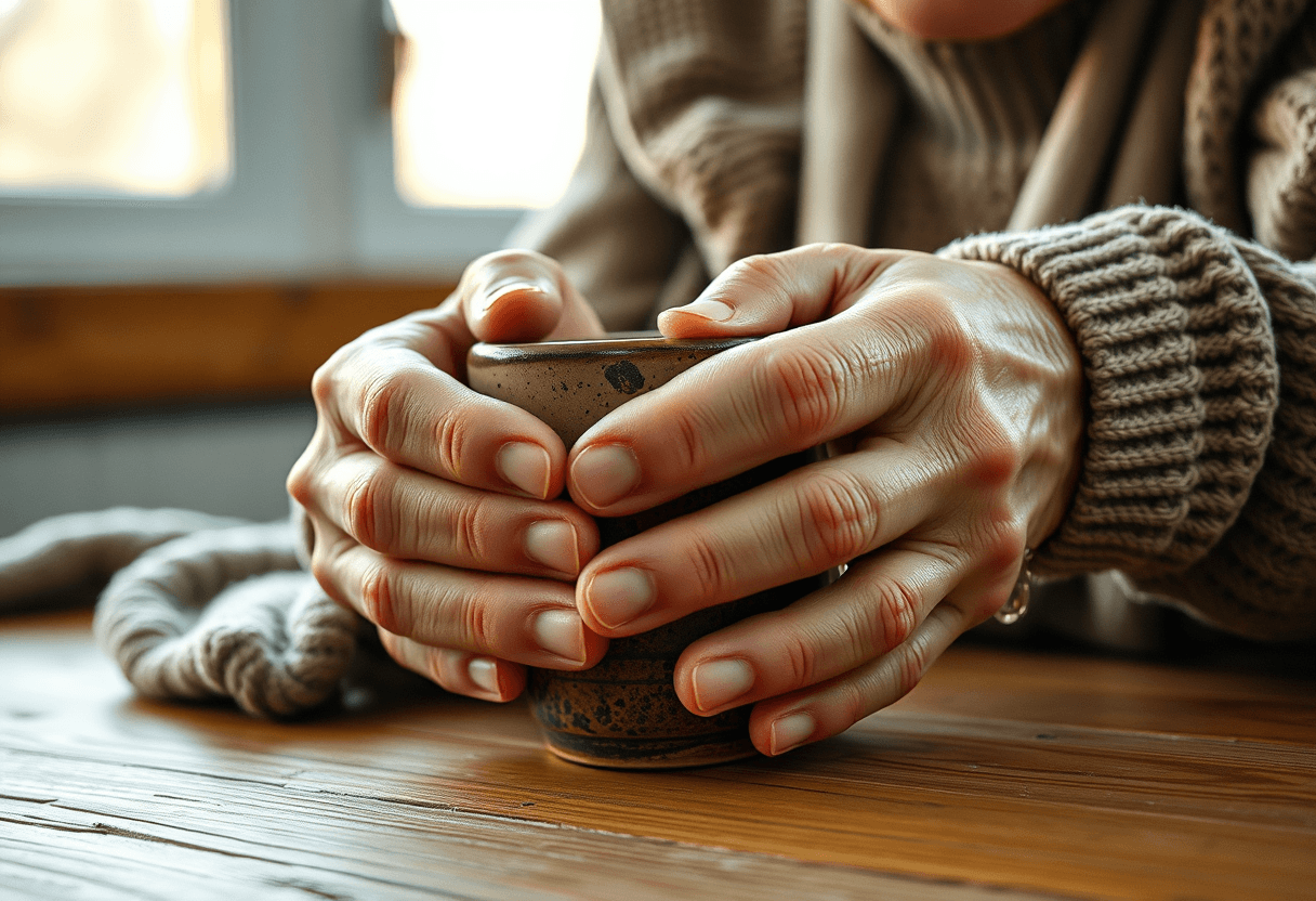 Manos de una persona mayor sosteniendo una taza de cerámica con vapor sobre una mesa de madera.