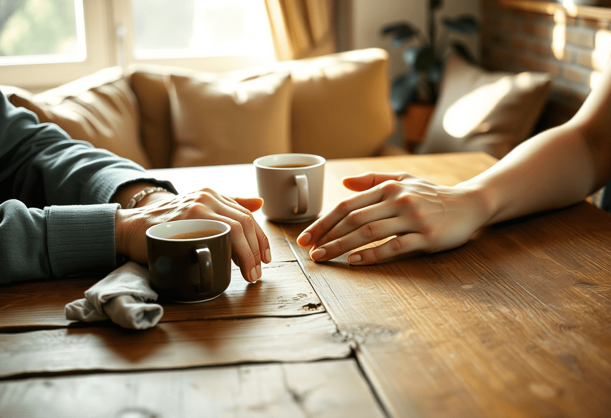 Dos pares de manos, una mayor y otra joven, sobre una mesa de madera con una taza de café y una servilleta, iluminadas por la luz de la tar